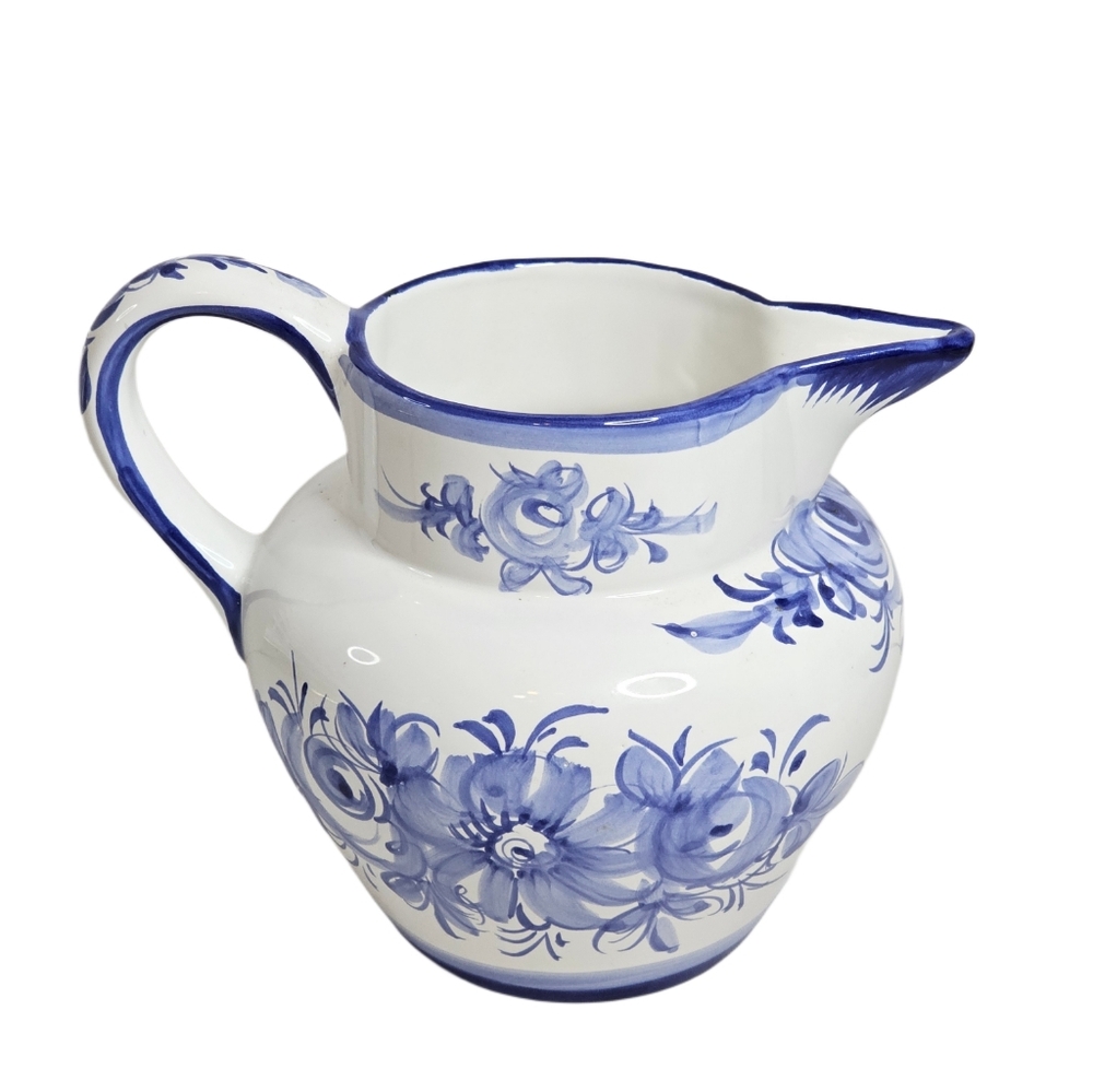 Vestal Hand Painted Alcobaca Portugal Ceramic Pitcher Jug Vase White Blue Floral